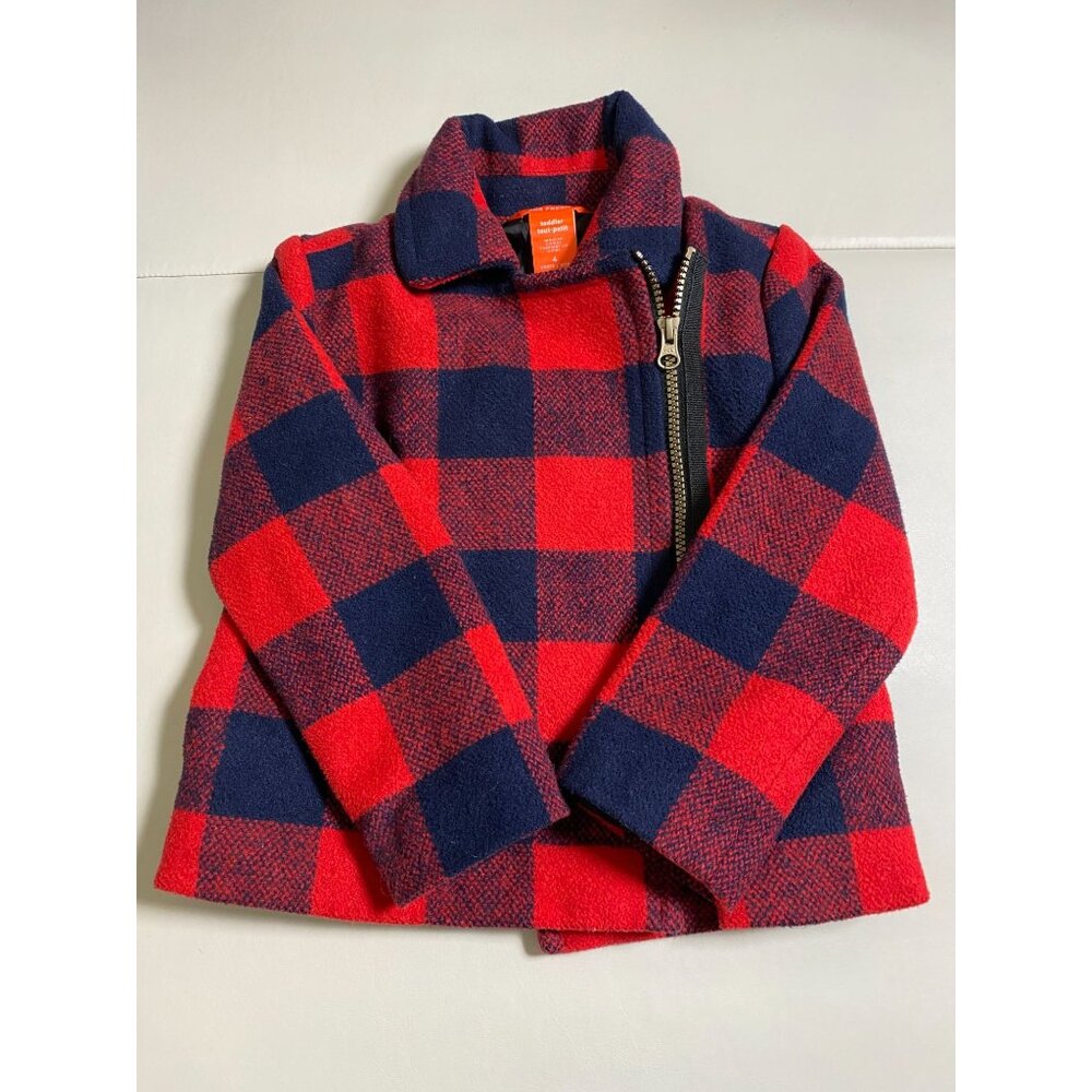 Joe Fresh Red Blue Buffalo Plaid Lined Pea Coat Kids Sz 4T Zip Holiday Christmas